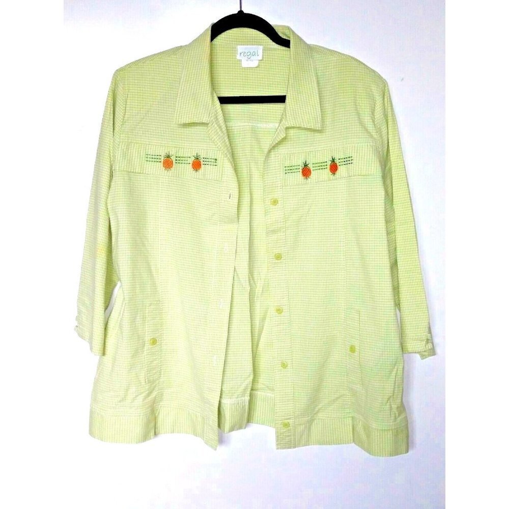 Womens XL top Pineapple embroidery collar stretch Button up career plaid green